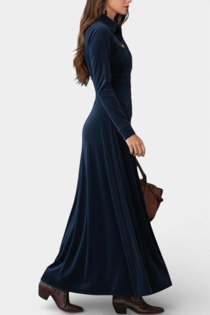 Romy Long Suede Dress with Buttons and Plunging Neckline
