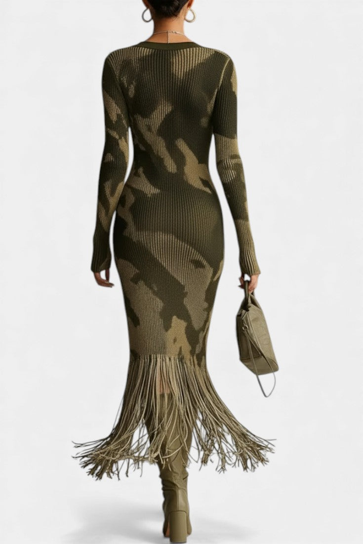 Sharon™ Midi Textured Camouflage Olive Fringe Dress with V-Neck