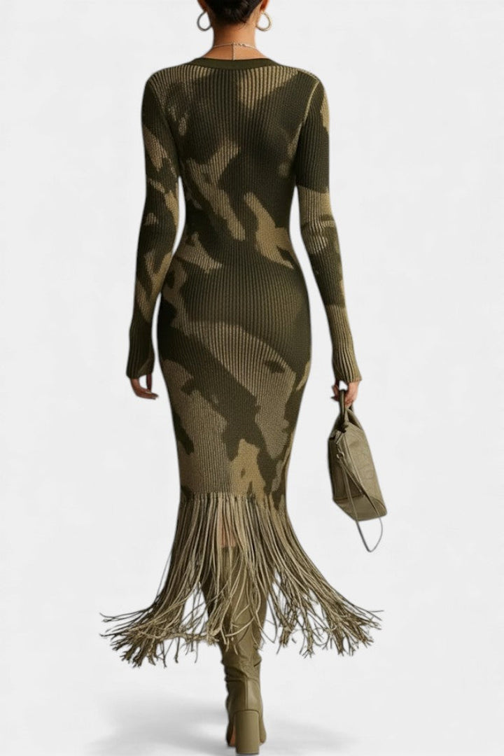 Sharon™ Midi Textured Camouflage Olive Fringe Dress with V-Neck