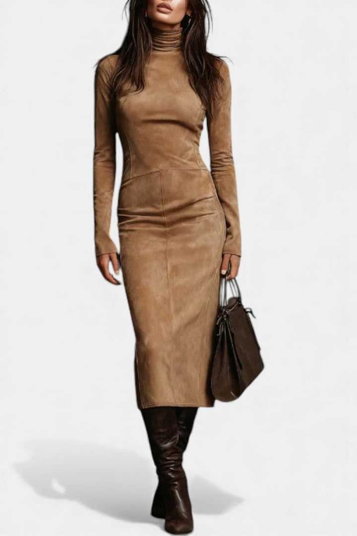 Océane Midi Dress in Suede with High Collar and Long Sleeves