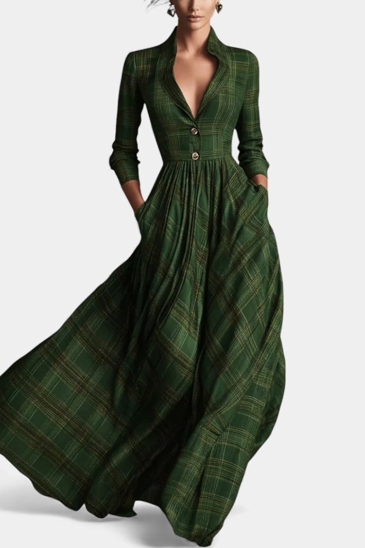 Philae Long Flared Dress with Refined Tartan Pattern