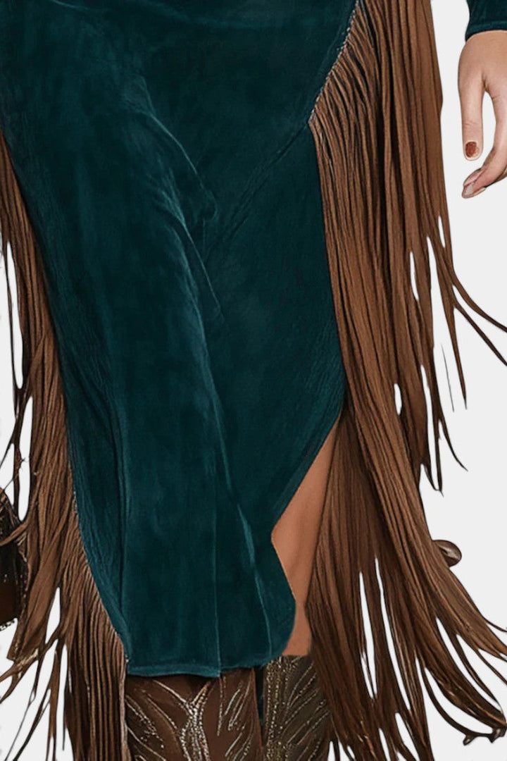 Susan™ Fringe Dress in Green Faux Suede with One Shoulder