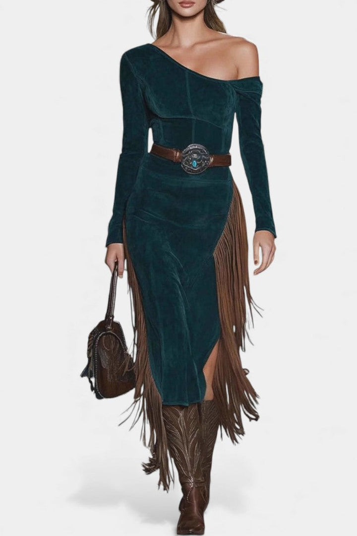 Susan™ Fringe Dress in Green Faux Suede with One Shoulder