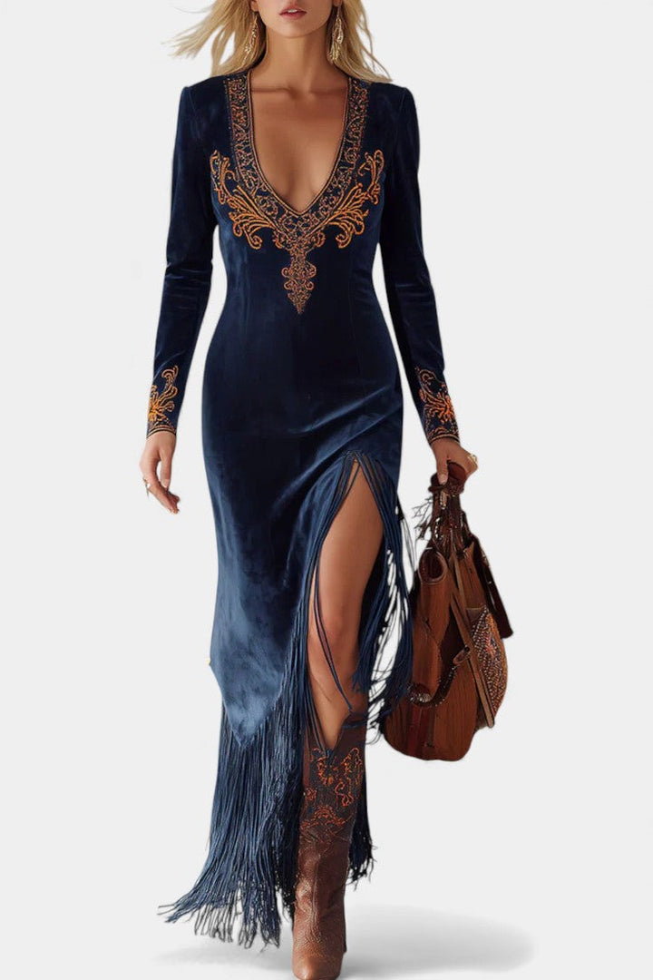 Lisa™ Long Dress with Slit and Ethnic Embroidered Fringes