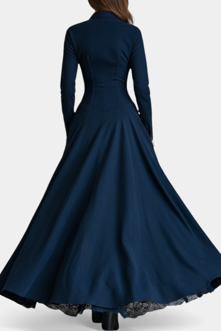 Maravilla Long Suede Dress with Shirt Collar and Lace