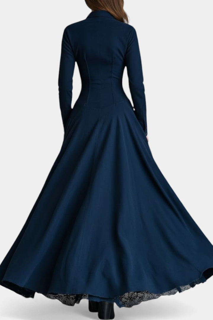 Maravilla Long Suede Dress with Shirt Collar and Lace