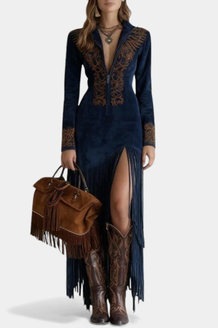 Lieselotte™ Maxi Dress in Embroidered Synthetic Suede with Zip Collar