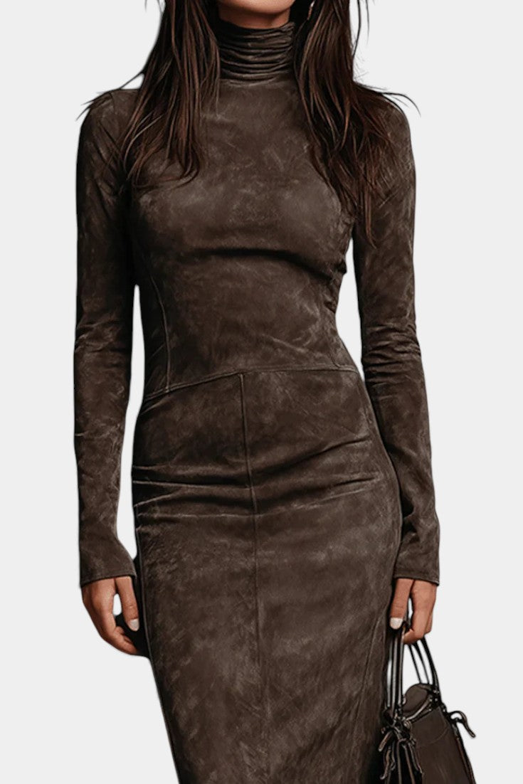Océane Midi Dress in Suede with High Collar and Long Sleeves