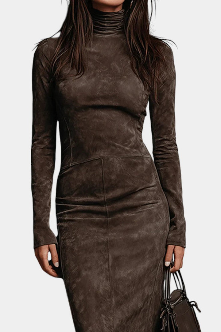 Océane Midi Dress in Suede with High Collar and Long Sleeves