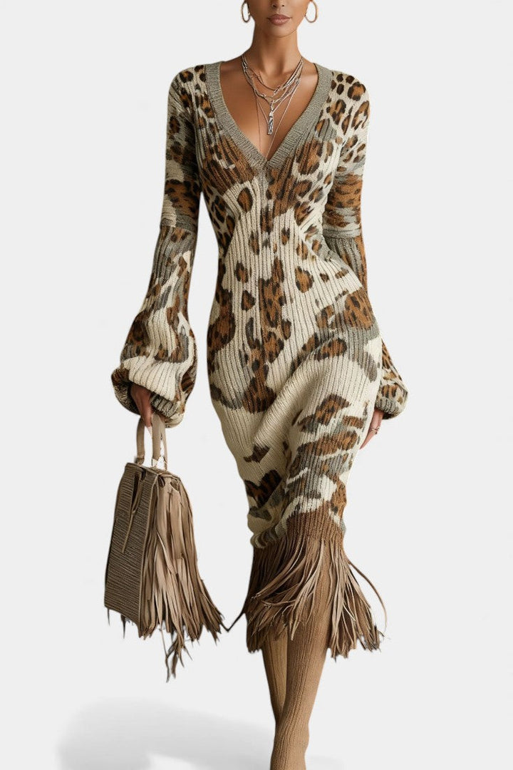 Amanda™ Textured Midi Fringe Dress with Leopard Print and Puff Sleeves