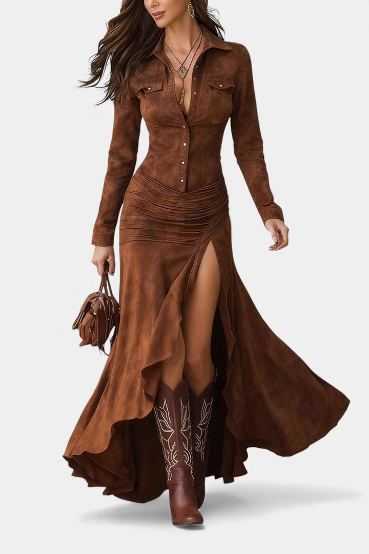 Tilda™ Long Brown Retro Dress with Irregular Ruffles