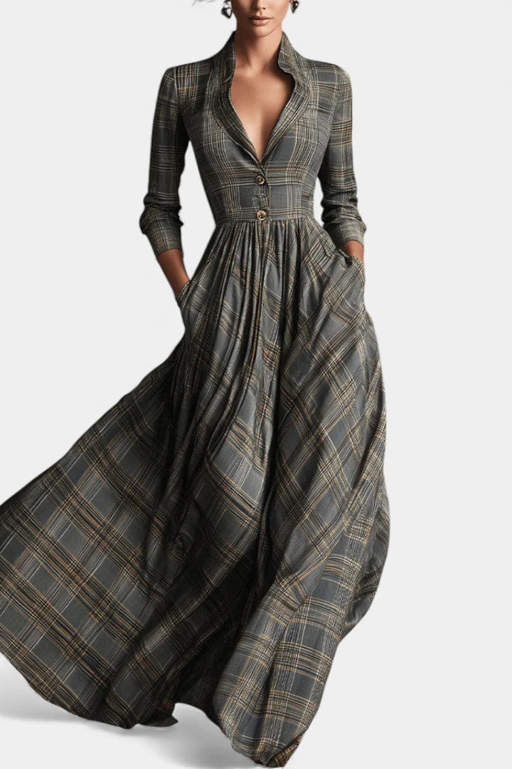 Philae Long Flared Dress with Refined Tartan Pattern