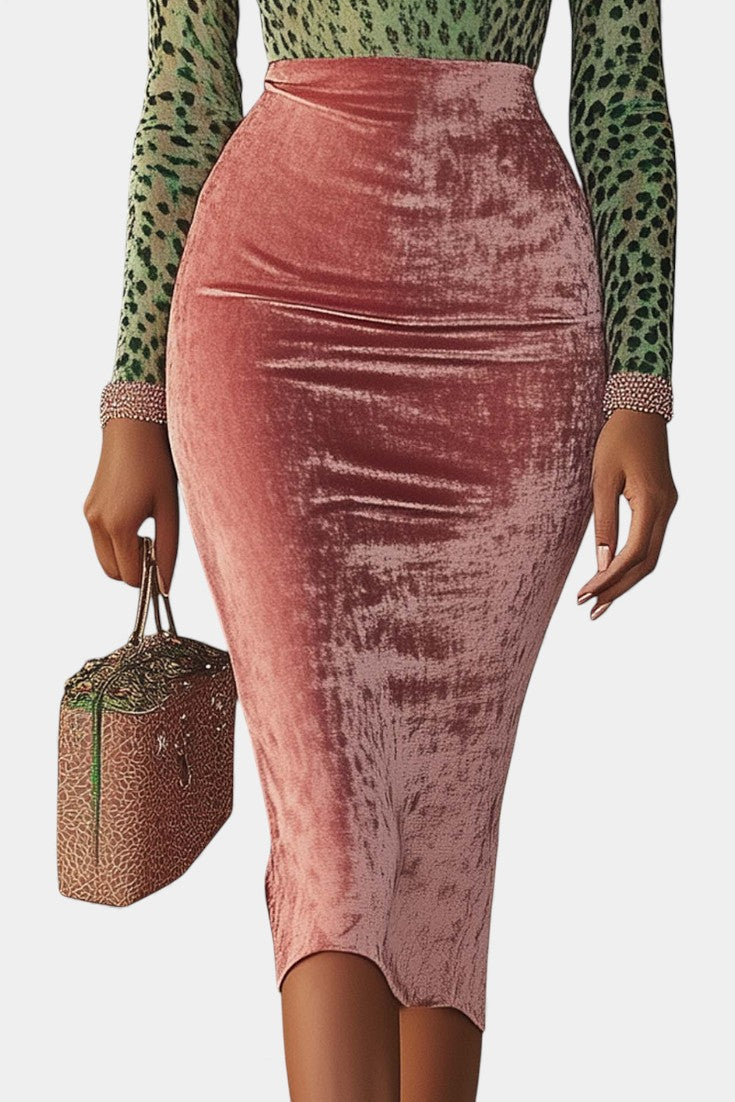 Leanne™ Midi Bodycon Dress in Pink and Green Velvet with Leopard Print