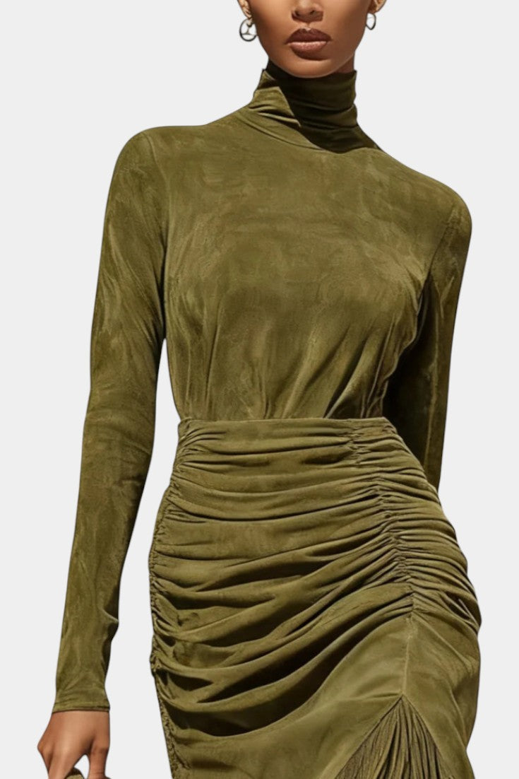 Solaria™ Long Suede Dress with High Collar and Draped Fringe