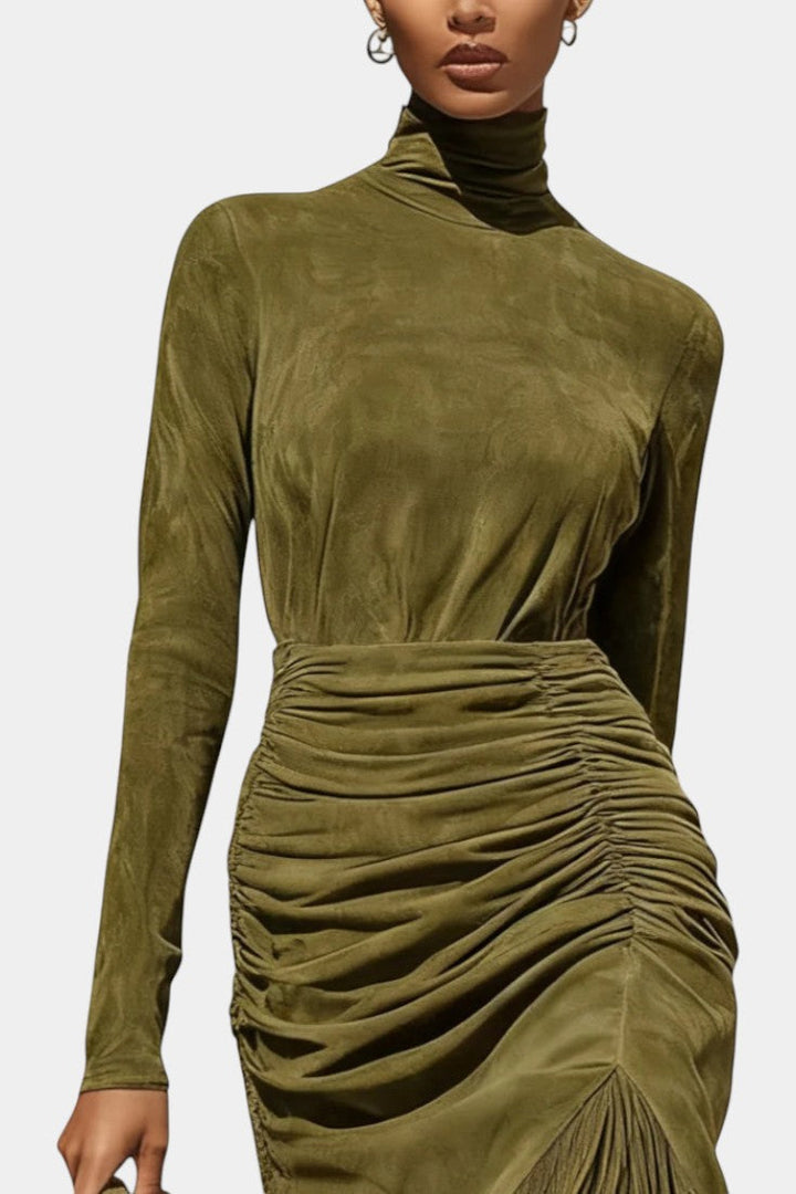 Solaria™ Long Suede Dress with High Collar and Draped Fringe