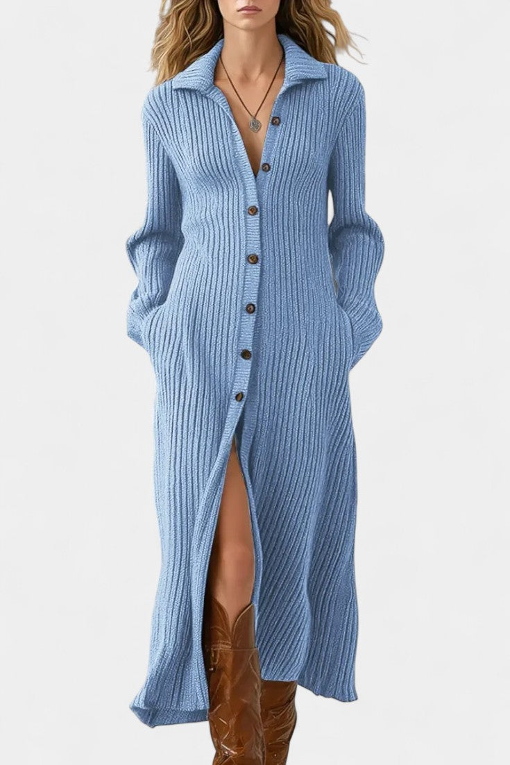 Thea Long Knit Dress with Shirt Collar