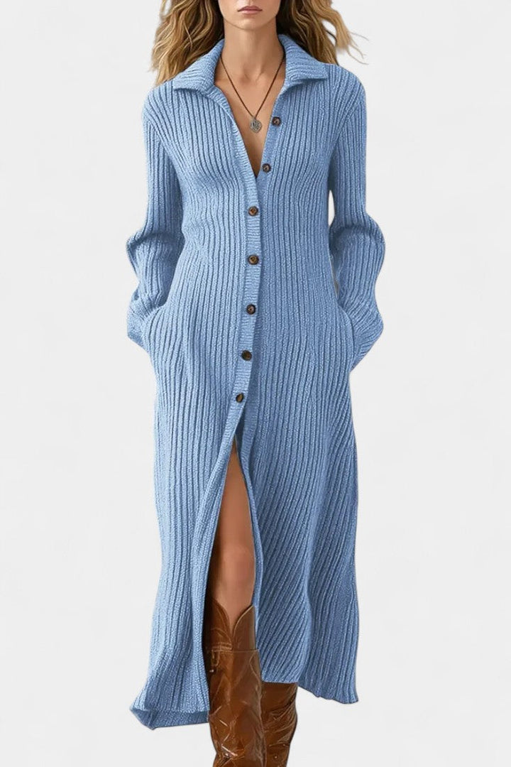 Thea Long Knit Dress with Shirt Collar