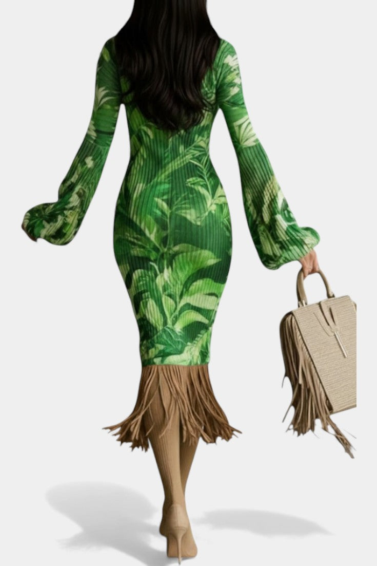 Donna™ Midi Dress with Textured Leaf Print & Fluid Fringes
