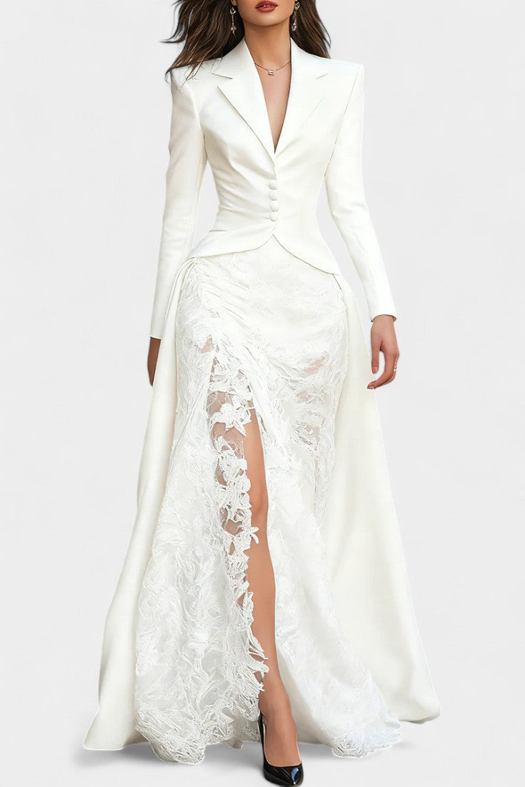 Flavienne Long Satin and Black Lace Blazer Dress