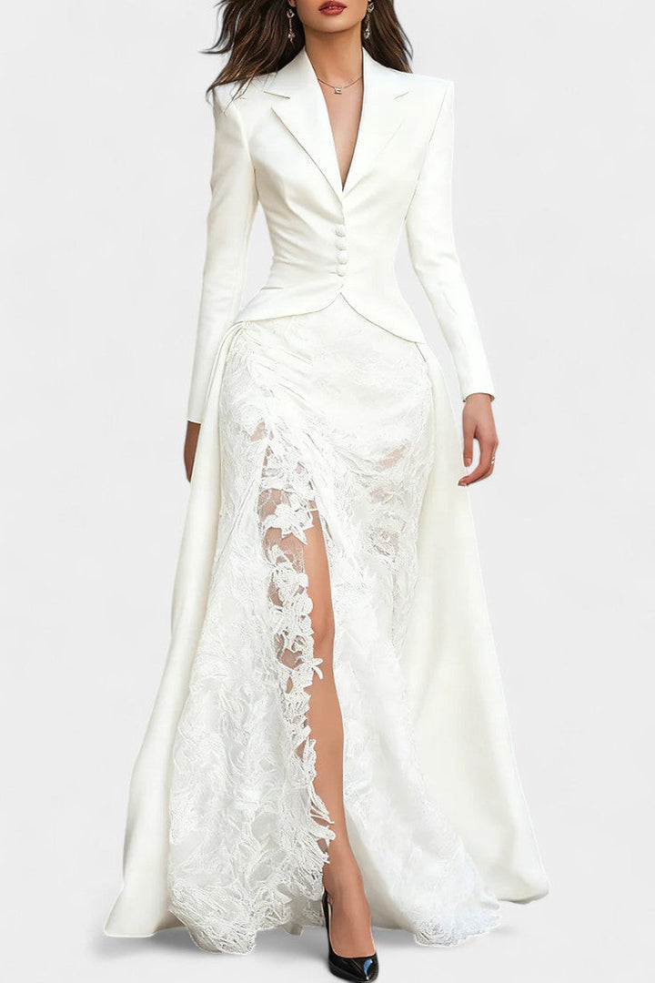 Flavienne Long Satin and Black Lace Blazer Dress