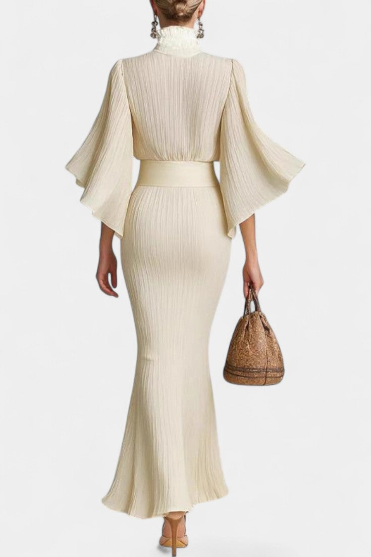 Valentine Two-Piece Ensemble with High Collar, Pleated and Long Split Skirt