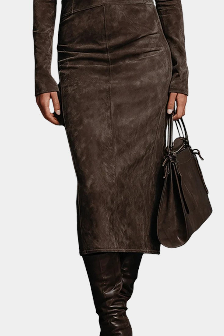 Océane Midi Dress in Suede with High Collar and Long Sleeves