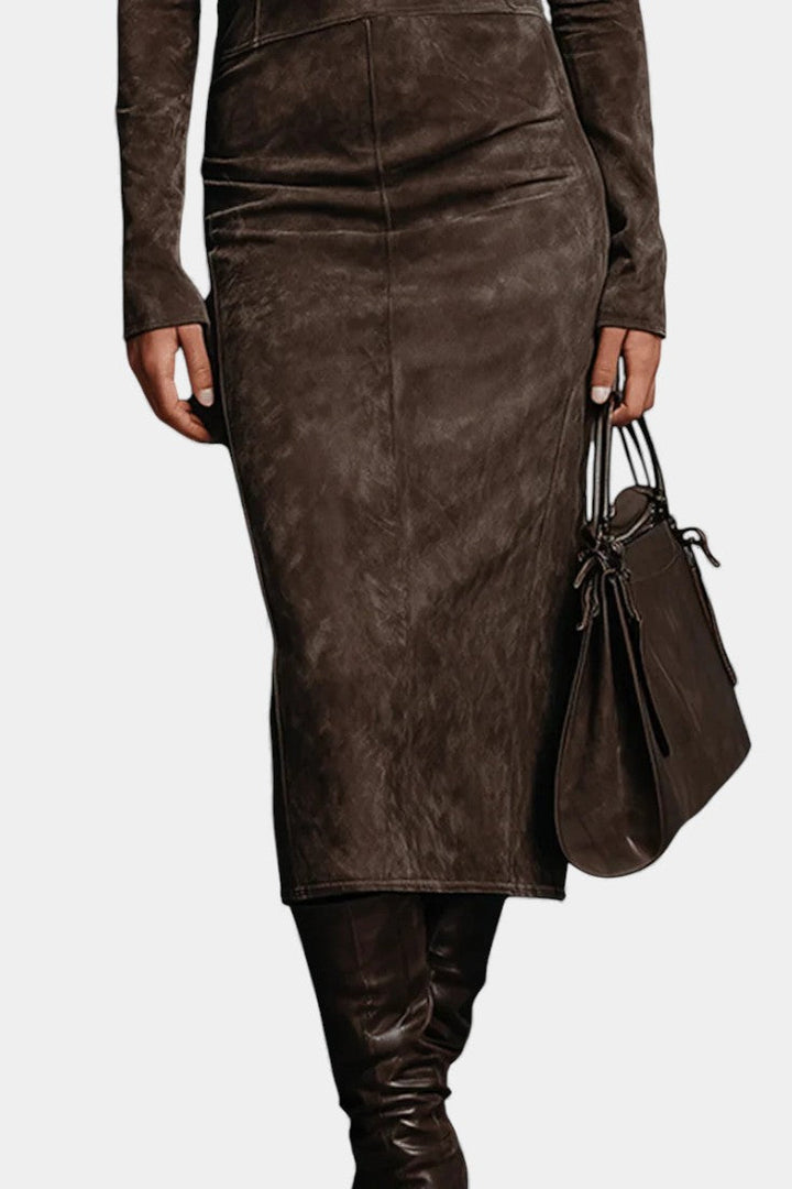 Océane Midi Dress in Suede with High Collar and Long Sleeves