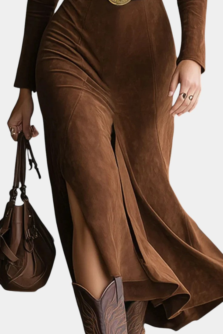 Julia™ Retro Western Style Faux Suede Split Dress with Belt