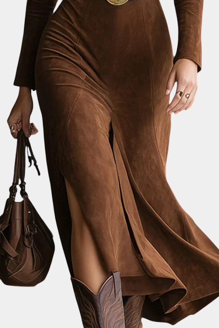 Julia™ Retro Western Style Faux Suede Split Dress with Belt