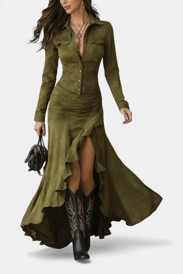 Tilda™ Long Brown Retro Dress with Irregular Ruffles