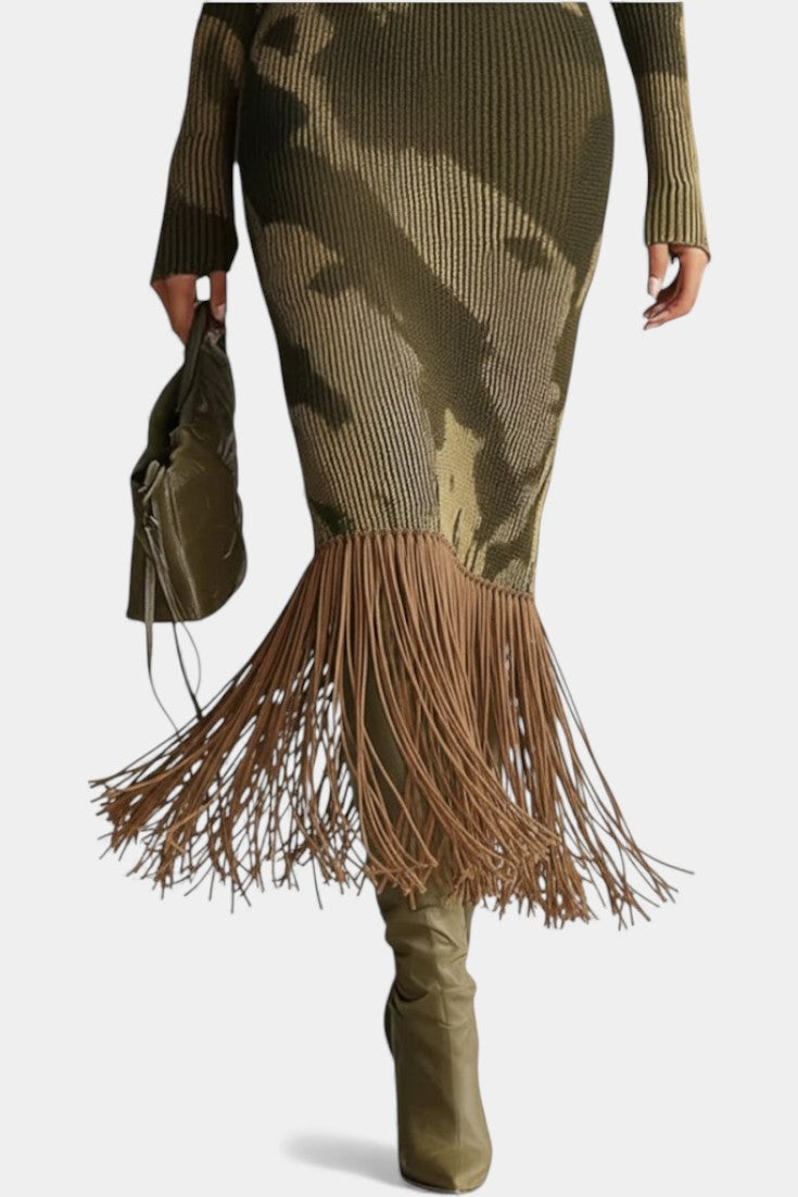Sharon™ Midi Textured Camouflage Olive Fringe Dress with V-Neck