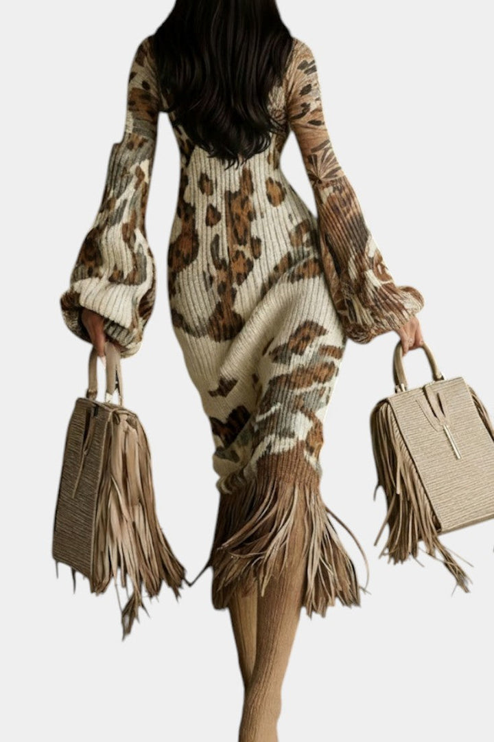 Amanda™ Textured Midi Fringe Dress with Leopard Print and Puff Sleeves
