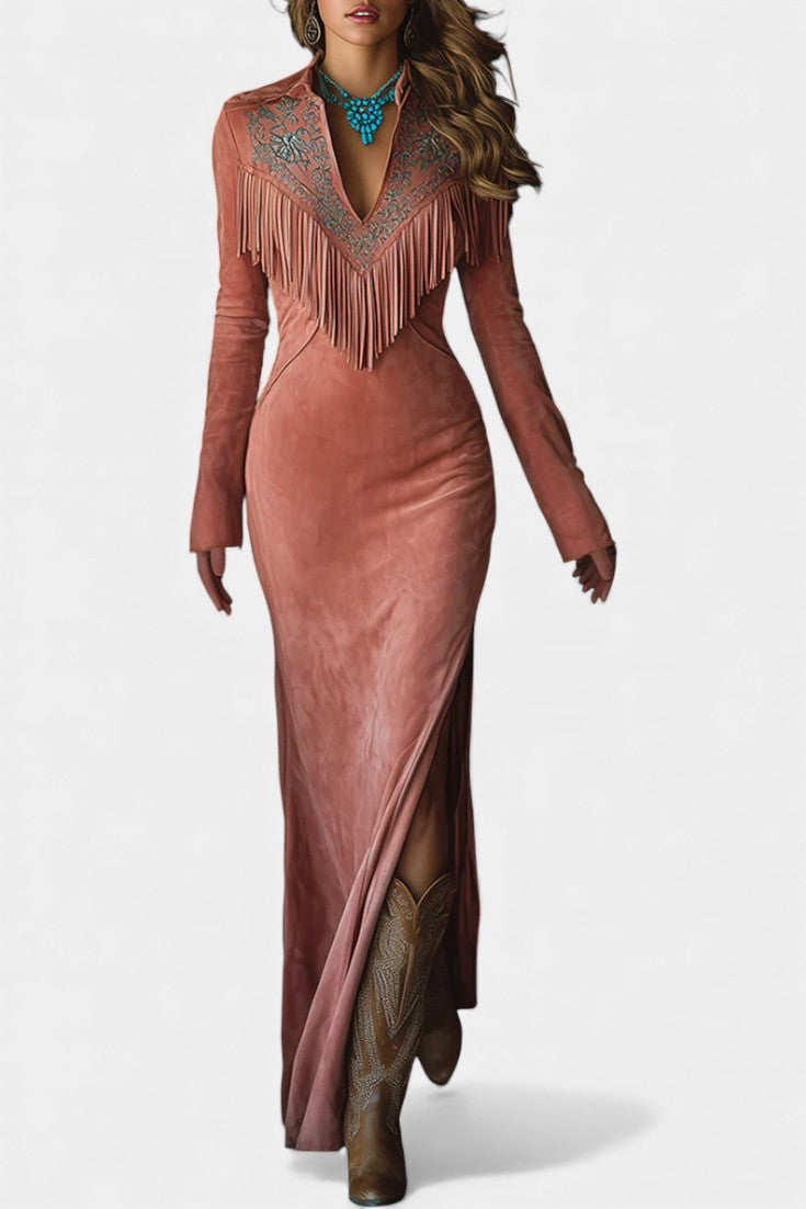 Amber™ Maxi Dress in Synthetic Suede Pink Embroidered with Western Fringes
