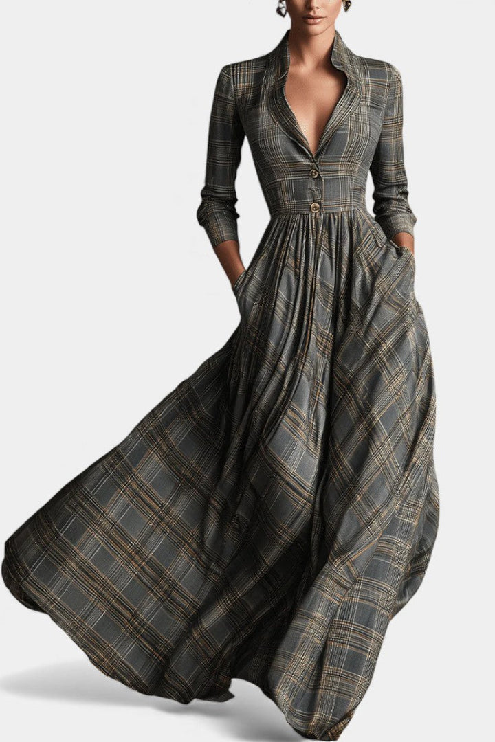 Philae Long Flared Dress with Refined Tartan Pattern