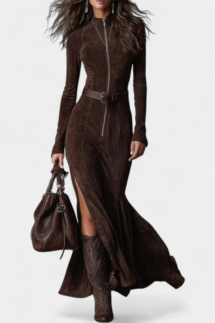 Perrine Vintage Brown Maxi Dress with Zipper and Belt
