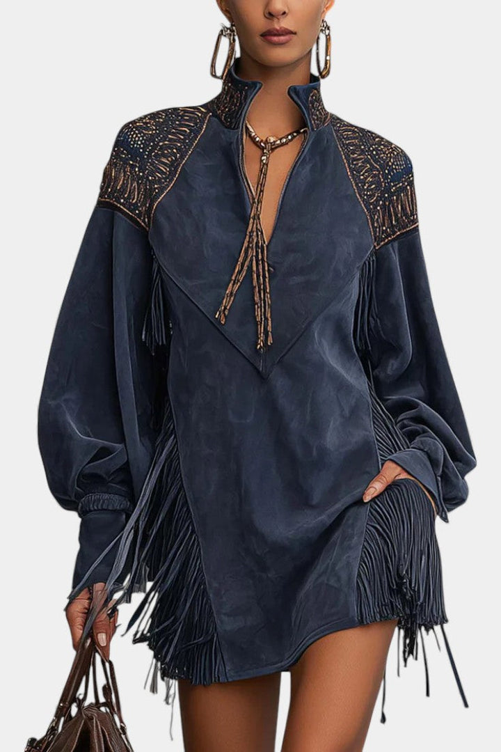 Beverley™ Mini Indigo Dress with High Collar, Embroidery, and Fringes