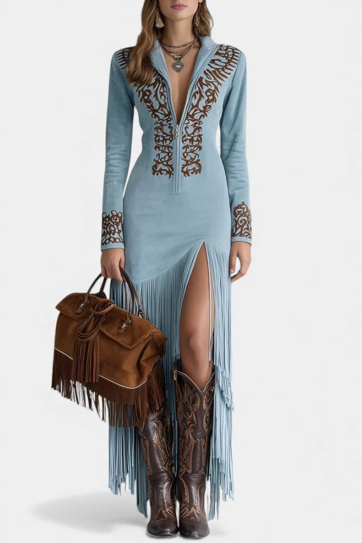 Lieselotte™ Maxi Dress in Embroidered Synthetic Suede with Zip Collar