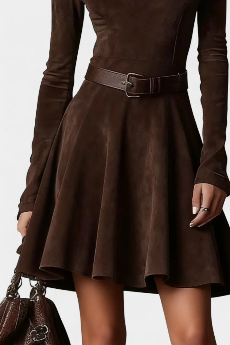 Marlyène Dark Brown Suede Mini Dress with High Collar Vintage