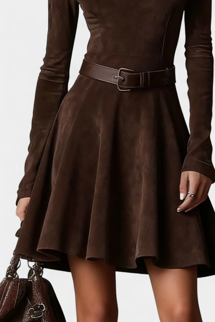 Marlyène Dark Brown Suede Mini Dress with High Collar Vintage