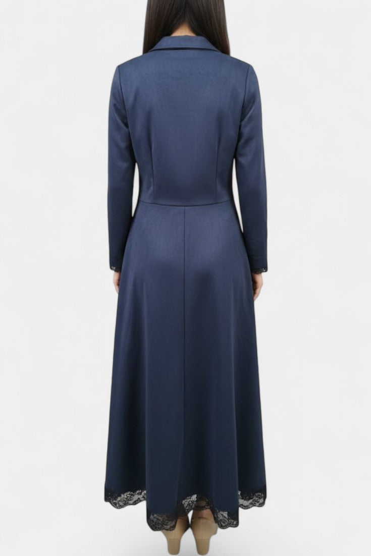Marie Long Suede Dress with Shirt Collar and Lace