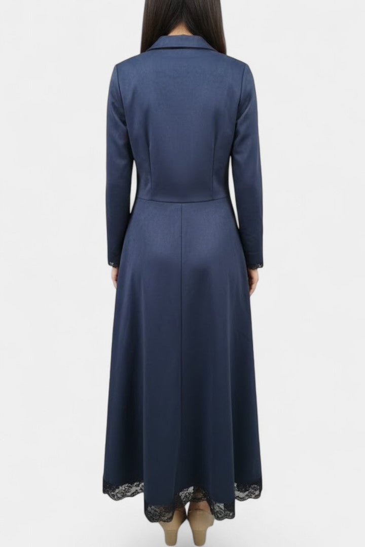 Marie Long Suede Dress with Shirt Collar and Lace