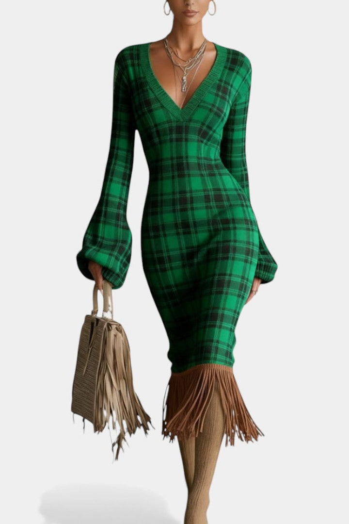 Cheryl™ Midi Fringe Textured Dress with Emerald Check Pattern