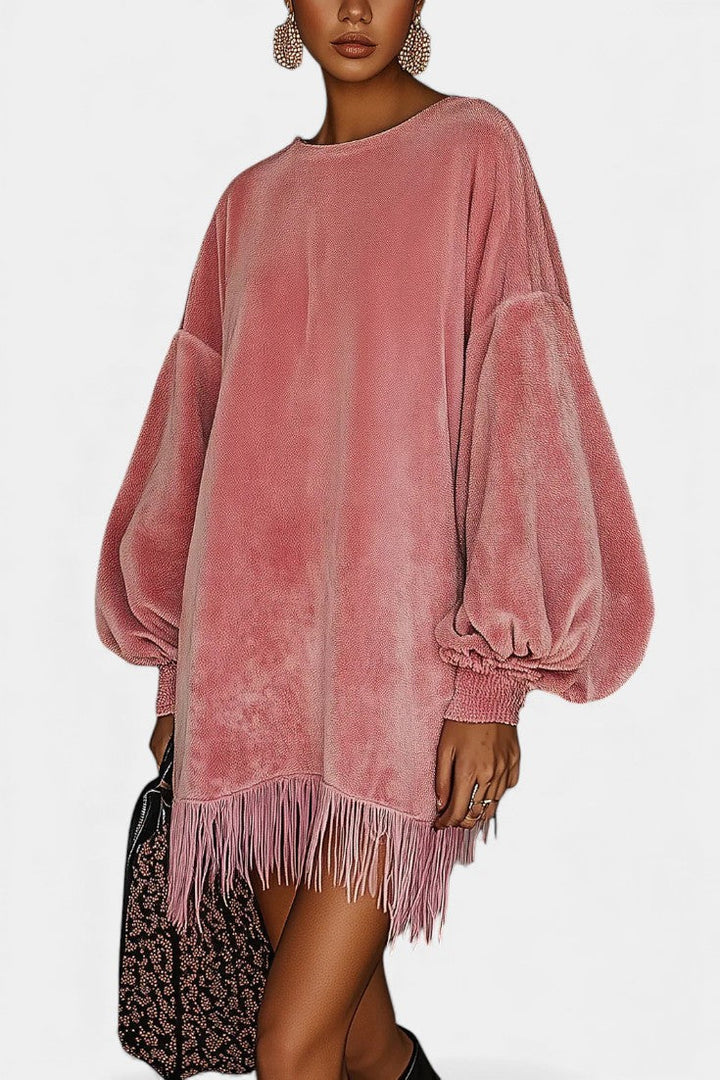 Christine™ Oversized Velvet Fringe Dress in Pink