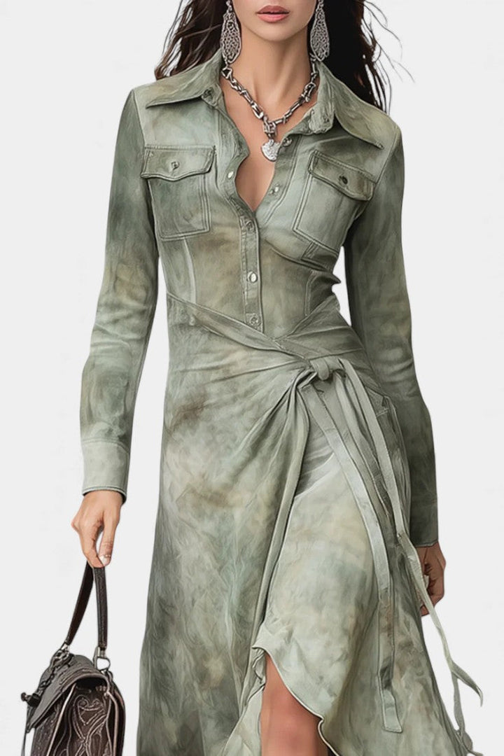 Sigrid Maxi Slim Tie-Dye Dress in Sage Suede