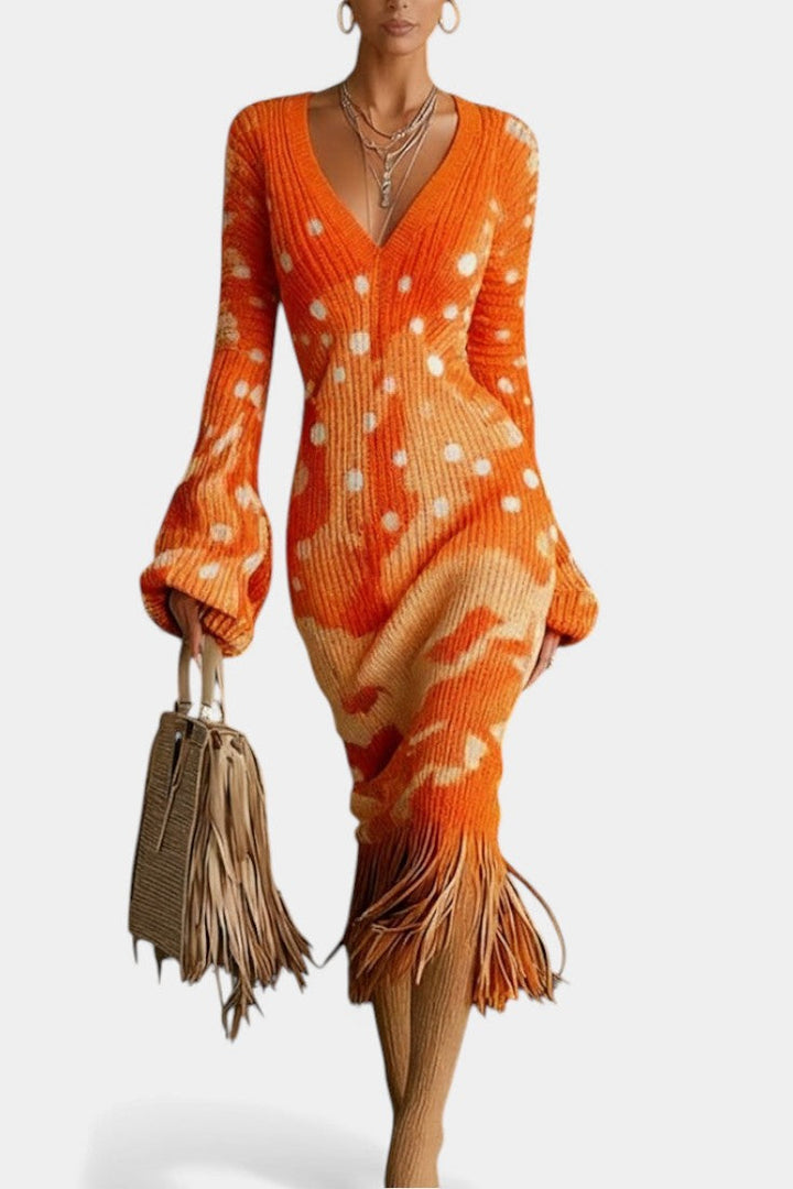 Kylie™ Midi Textured Camouflage Orange Fringe Dress & V-Neck