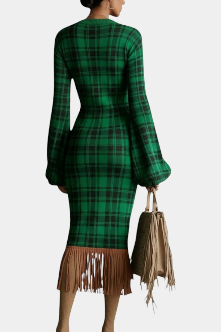 Cheryl™ Midi Fringe Textured Dress with Emerald Check Pattern
