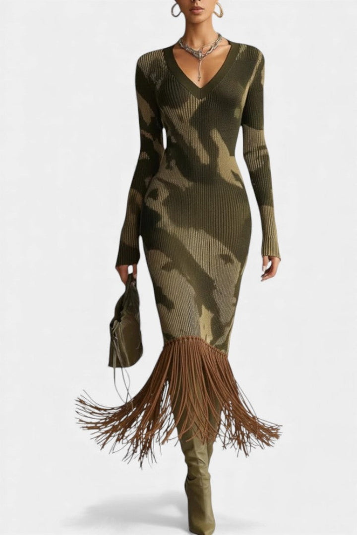 Sharon™ Midi Textured Camouflage Olive Fringe Dress with V-Neck