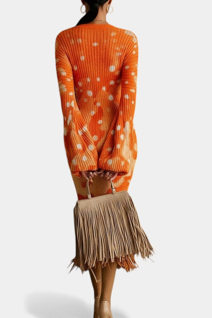 Kylie™ Midi Textured Camouflage Orange Fringe Dress & V-Neck
