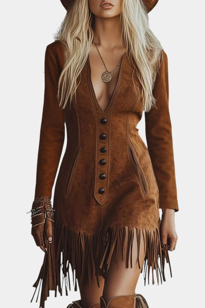 Erminia™ Long Brown Suede Dress with Sleeves and Western Fringe