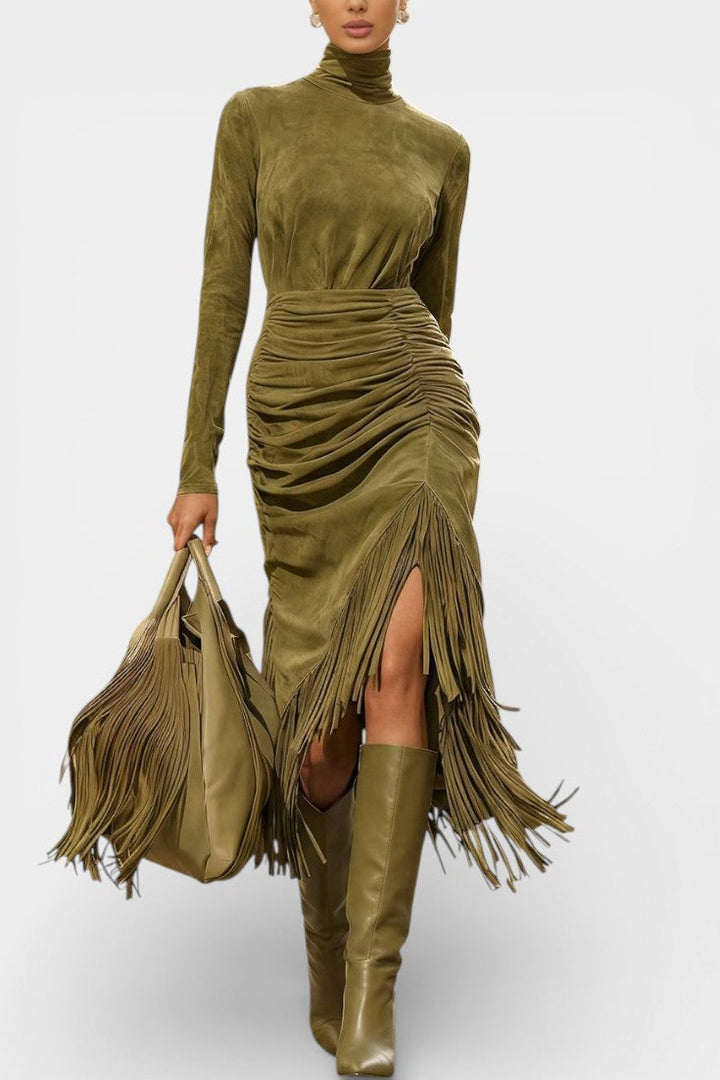 Solaria™ Long Suede Dress with High Collar and Draped Fringe